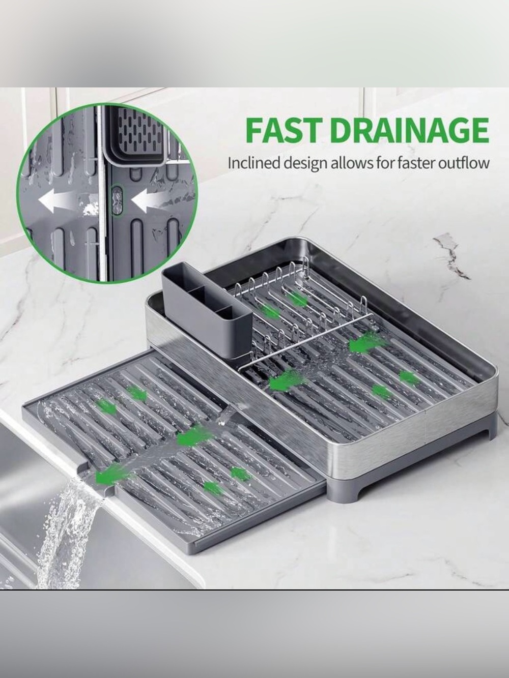 Gray Over-the-Sink Fast-Drain Dish Drying Rack with Cutlery Holder